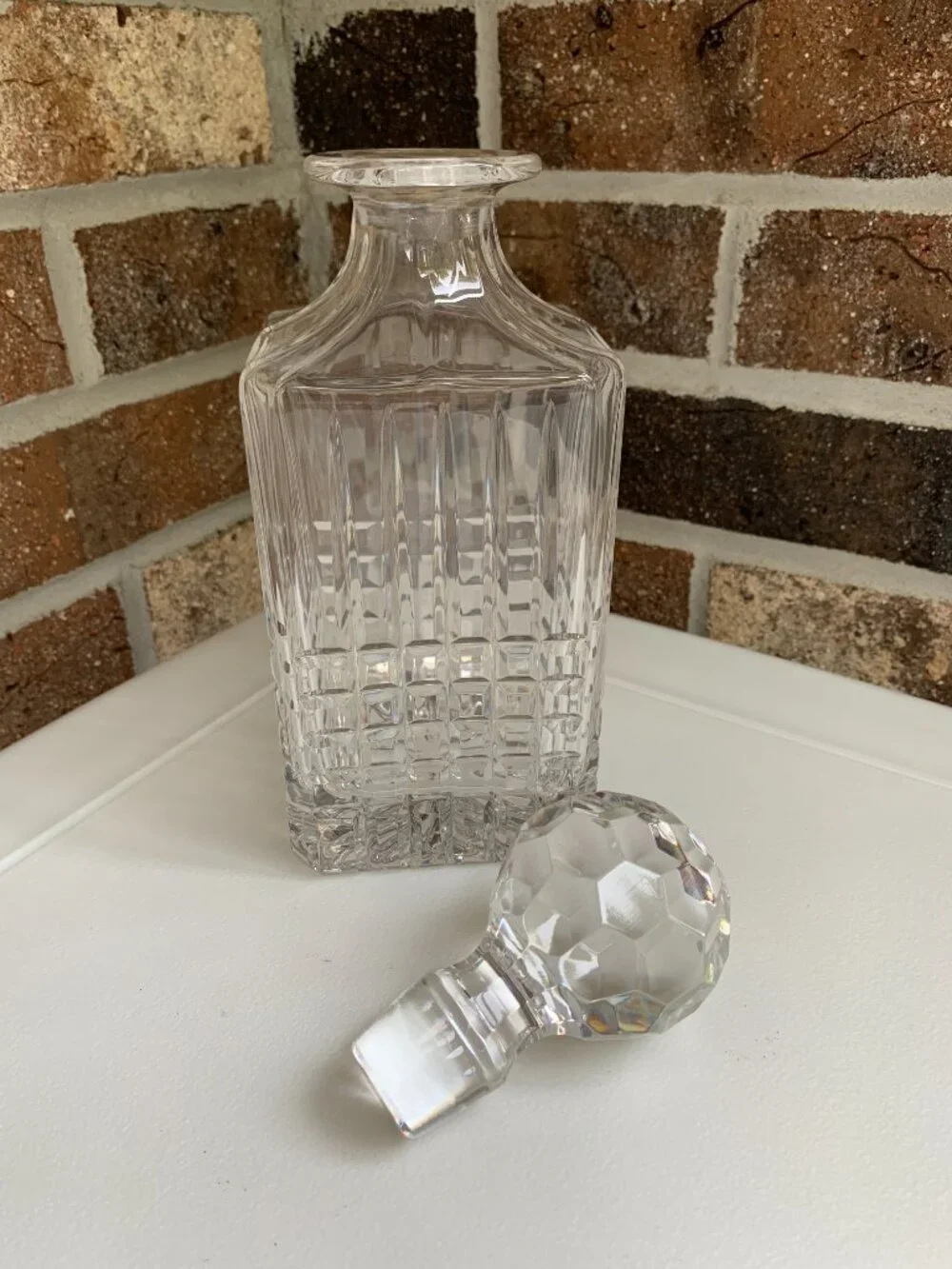 Tiffany & Co Plaid Lead Crystal Whiskey Decanter w Stopper Sticker Signed 10”